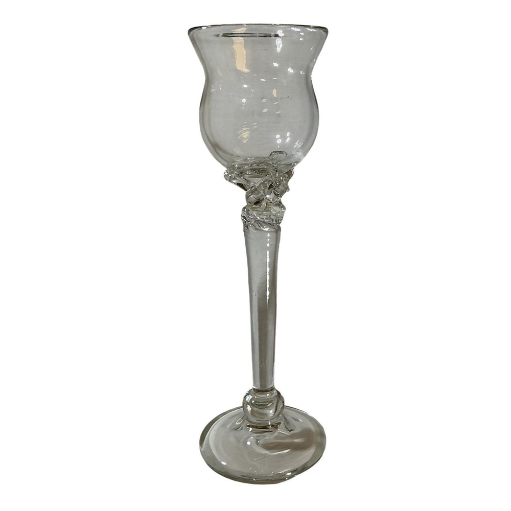 Hand Blown Clear Glass Candlestick Holder Twisted Knot Stem Tulip Cup 10 Inch